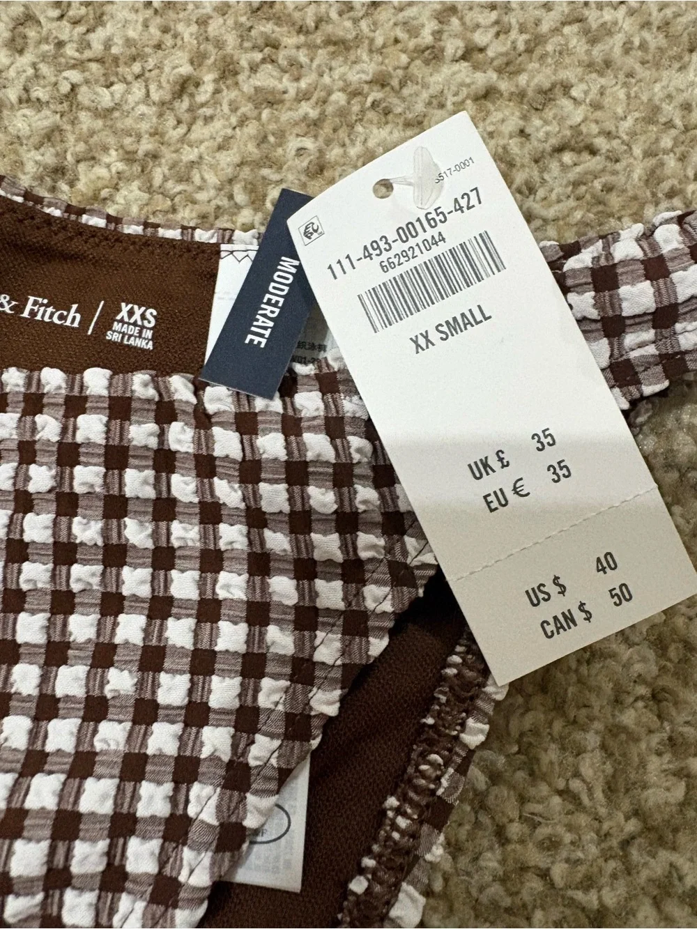 NWT Abercrombie & Fitch Brown and White Gingham Bikini Bottom